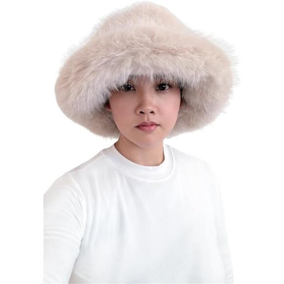 Oversized Winter Faux Fur Bucket Hat for Women Beige - Picture 2 of 5